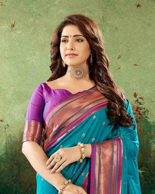Kimisha women's teal silk blend paithani saree with unstitched blouse piece 4