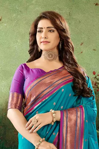 Kimisha women's teal silk paithani saree with unstitched blouse piece