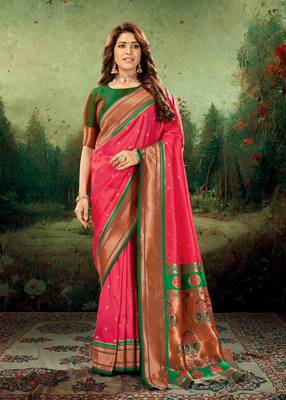 Kimisha women's pink silk blend paithani saree with unstitched blouse piece 1