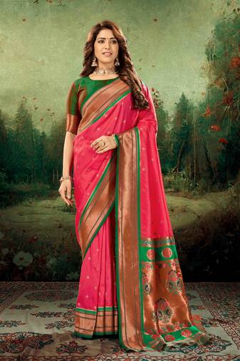 Kimisha women's pink silk paithani saree with unstitched blouse piece