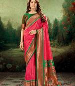 Kimisha women's pink silk paithani saree with unstitched blouse piece