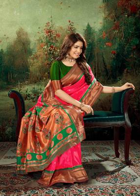 Kimisha women's pink silk blend paithani saree with unstitched blouse piece 2