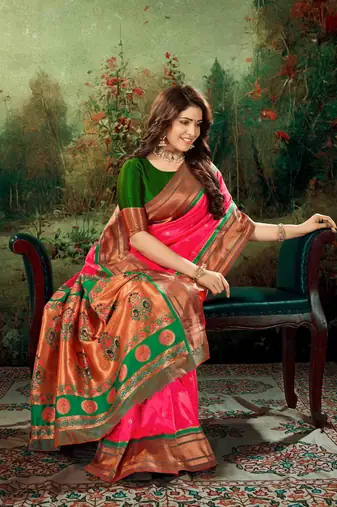 Kimisha women's pink silk paithani saree with unstitched blouse piece