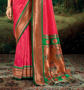 Kimisha women's pink silk blend paithani saree with unstitched blouse piece 3