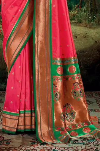 Kimisha women's pink silk paithani saree with unstitched blouse piece