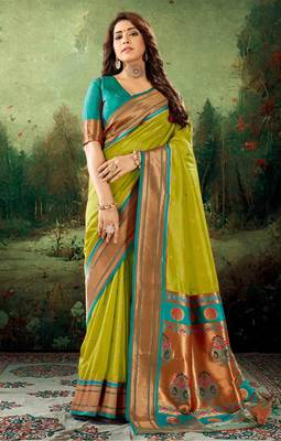 Kimisha women's neon silk paithani saree with unstitched blouse piece 1