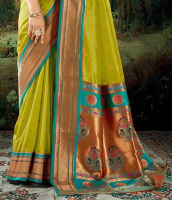 Kimisha women's neon silk paithani saree with unstitched blouse piece 3