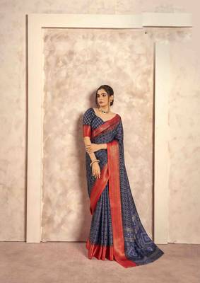 Kimisha navy blue silk blend foil printed saree with unstitched blouse piece 1