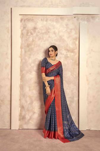 Kimisha navy blue silk blend foil printed saree with unstitched blouse piece