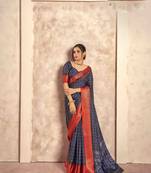 Kimisha navy blue silk blend foil printed saree with unstitched blouse piece