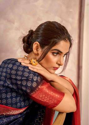 Kimisha navy blue silk blend foil printed saree with unstitched blouse piece 2