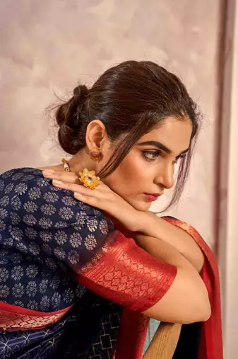 Kimisha navy blue silk blend foil printed saree with unstitched blouse piece