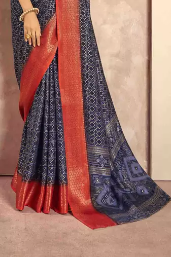 Kimisha navy blue silk blend foil printed saree with unstitched blouse piece