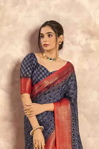 Kimisha navy blue silk blend foil printed saree with unstitched blouse piece