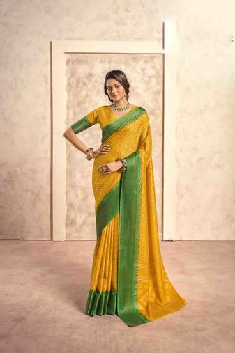 Kimisha yellow silk blend foil printed saree with unstitched blouse piece