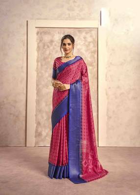 Kimisha pink silk blend foil printed saree with unstitched blouse piece 1