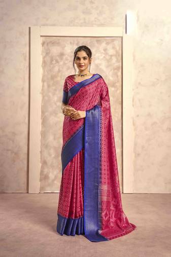 Kimisha pink silk blend foil printed saree with unstitched blouse piece
