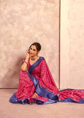 Kimisha pink silk blend foil printed saree with unstitched blouse piece 2