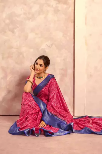 Kimisha pink silk blend foil printed saree with unstitched blouse piece