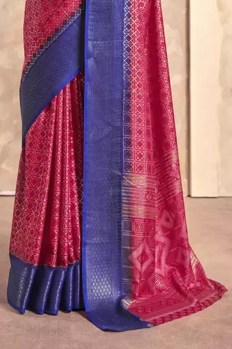 Kimisha pink silk blend foil printed saree with unstitched blouse piece
