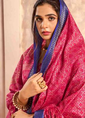 Kimisha pink silk blend foil printed saree with unstitched blouse piece 4
