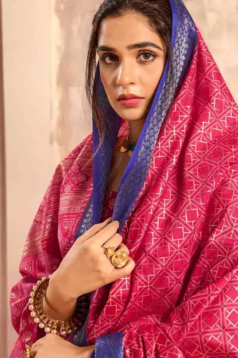 Kimisha pink silk blend foil printed saree with unstitched blouse piece