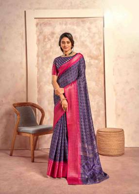 Kimisha purple silk blend foil printed saree with unstitched blouse piece 1