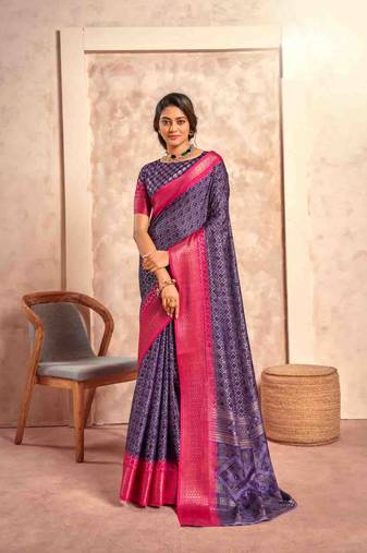 Kimisha purple silk blend foil printed saree with unstitched blouse piece