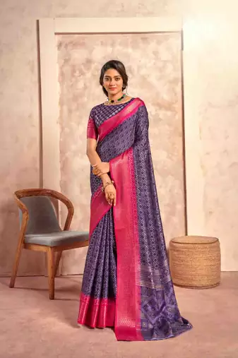 Kimisha purple silk blend foil printed saree with unstitched blouse piece