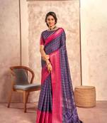 Kimisha purple silk blend foil printed saree with unstitched blouse piece