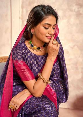 Kimisha purple silk blend foil printed saree with unstitched blouse piece 2