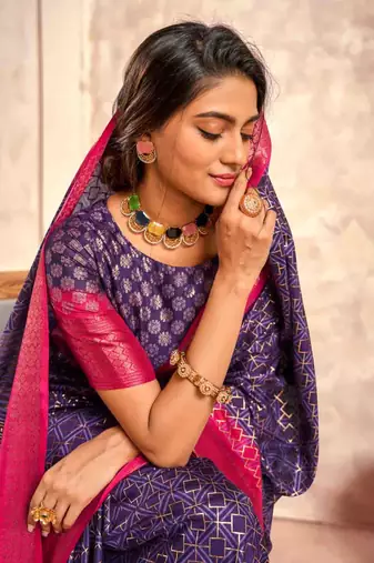 Kimisha purple silk blend foil printed saree with unstitched blouse piece