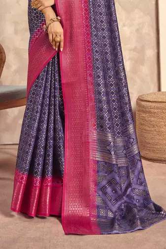 Kimisha purple silk blend foil printed saree with unstitched blouse piece
