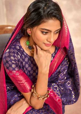 Kimisha purple silk blend foil printed saree with unstitched blouse piece 4