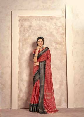Kimisha red silk blend foil printed saree with unstitched blouse piece 1