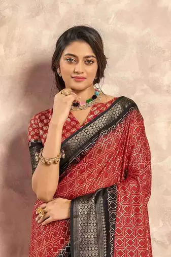 Kimisha red silk blend foil printed saree with unstitched blouse piece