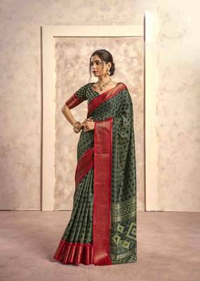 Kimisha mehndi silk blend foil printed saree with unstitched blouse piece 1