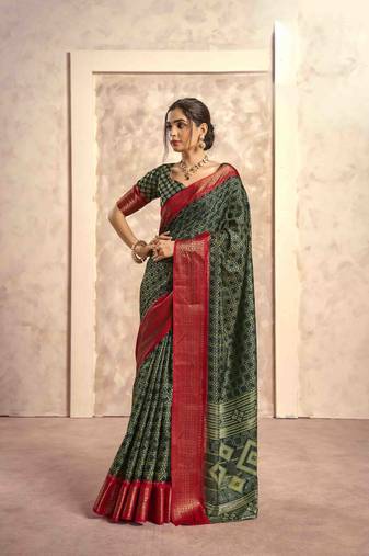Kimisha mehndi silk blend foil printed saree with unstitched blouse piece