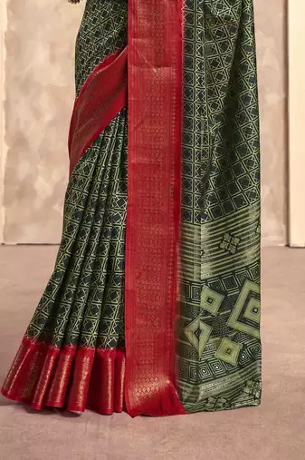 Kimisha mehndi silk blend foil printed saree with unstitched blouse piece