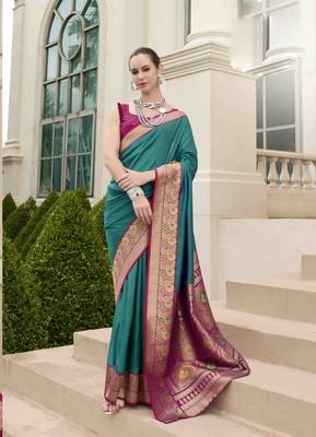 Kimisha women's turquoise silk blend banarasi saree with unstitched blouse piece 1