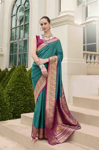 Kimisha women's turquoise silk blend banarasi saree with unstitched blouse piece
