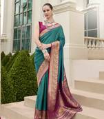 Kimisha women's turquoise silk blend banarasi saree with unstitched blouse piece