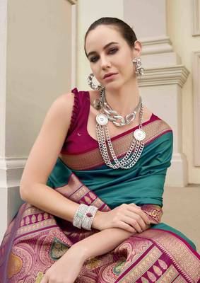 Kimisha women's turquoise silk blend banarasi saree with unstitched blouse piece 2