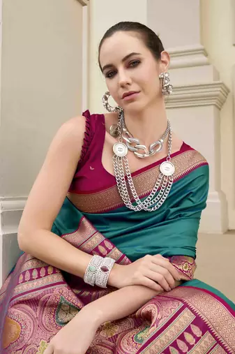 Kimisha women's turquoise silk blend banarasi saree with unstitched blouse piece