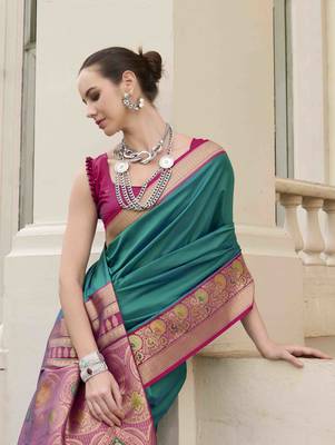 Kimisha women's turquoise silk blend banarasi saree with unstitched blouse piece 3