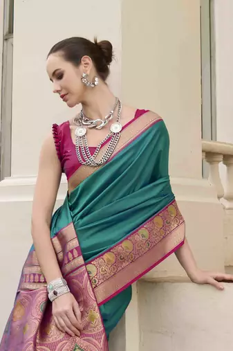 Kimisha women's turquoise silk blend banarasi saree with unstitched blouse piece