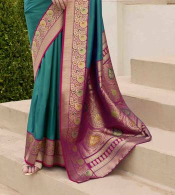Kimisha women's turquoise silk blend banarasi saree with unstitched blouse piece 4