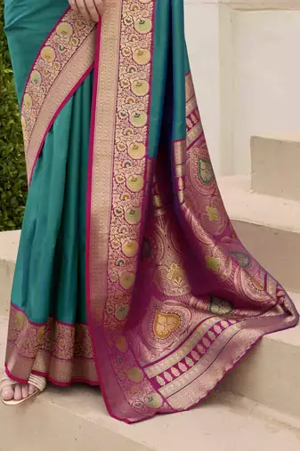 Kimisha women's turquoise silk blend banarasi saree with unstitched blouse piece