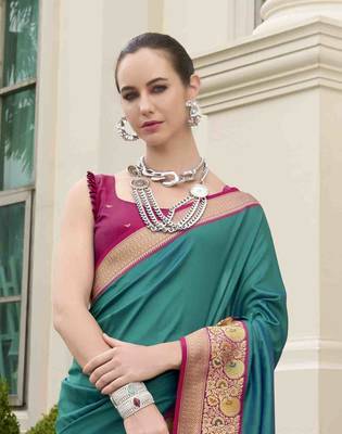 Kimisha women's turquoise silk blend banarasi saree with unstitched blouse piece 5