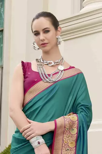 Kimisha women's turquoise silk blend banarasi saree with unstitched blouse piece